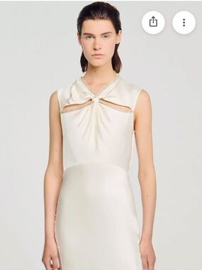 Sandro Cream Satin Maxi Dress with Beaded Trim